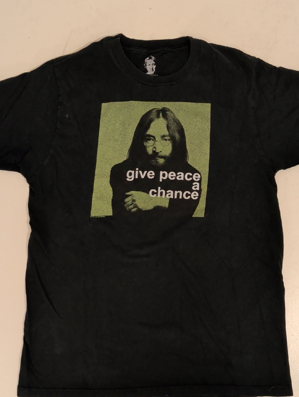 John Lennon Iain MacMillan T Shirt Men's Black Graphic Tee Give Peace A Chance L
